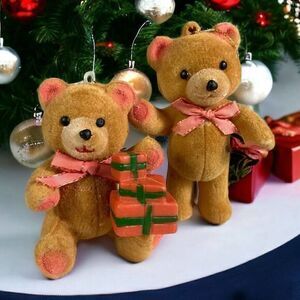 Vintage Flocked Teddy Bear Ornament Set Pink Bow Gift Present 80s 90s Christmas